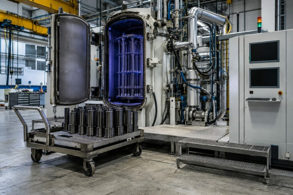Cellule plasma — nitruration plasma d’outils en acier avec chambre à vide, pièces cylindriques, conduites de gaz et lignes de refroidissement