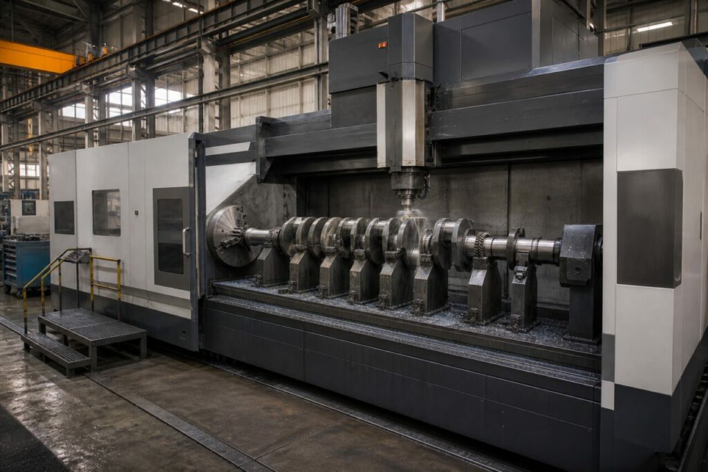 CNC crankshaft milling center — Long crankshaft secured across multiple supports