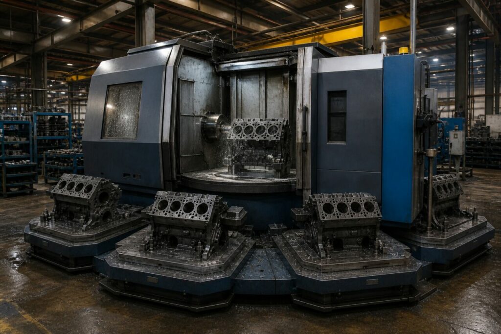 Four-pallet horizontal machining center working on an industrial engine block
