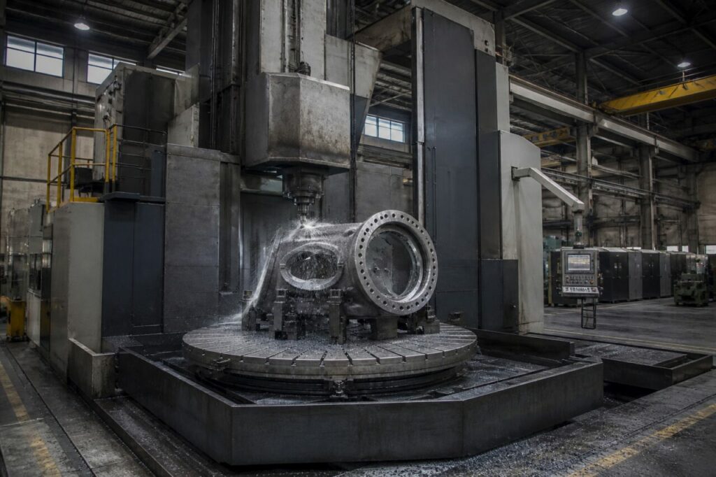 Large-capacity vertical machining center working on a wind-turbine hub