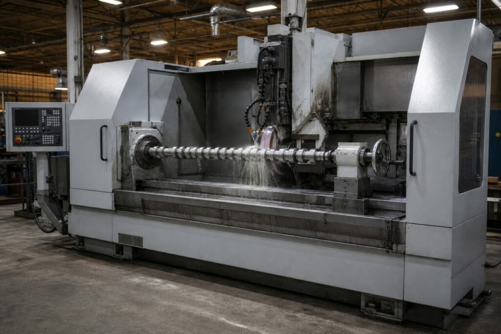 CNC grinding center finishing an industrial camshaft under coolant
