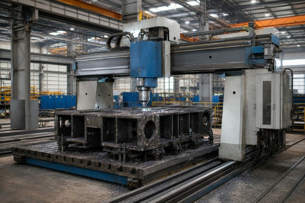Bridge milling center machining a welded steel frame in a heavy-machinery hall