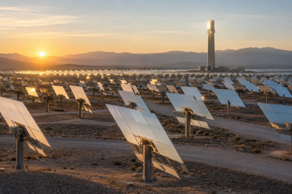 Campo di eliostati orientati verso una torre solare centrale