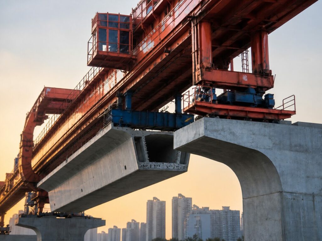 lançador metálico e pilares de betão do viaduto — Obra junto à ferrovia