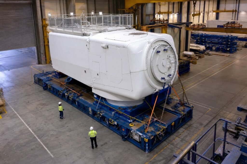 Auf einem modularen Transportwagen belegt die vollständige Gondel den Mittelgang