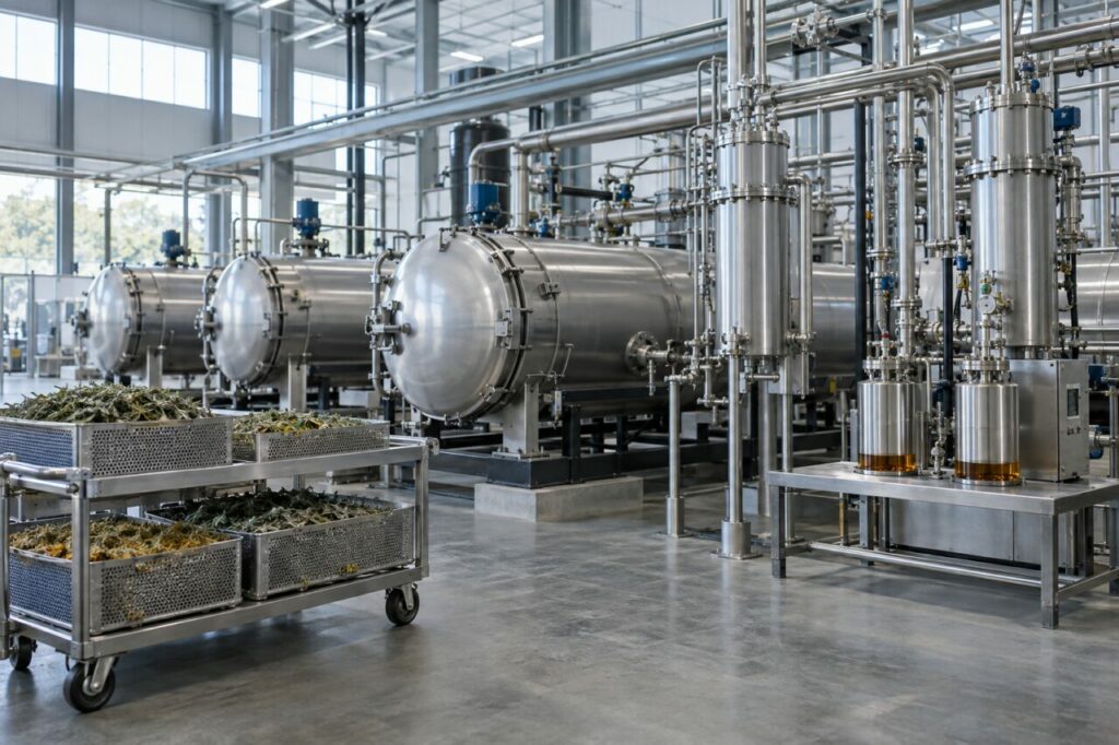 Chargement botanique dans un extracteur industriel au CO2 supercritique