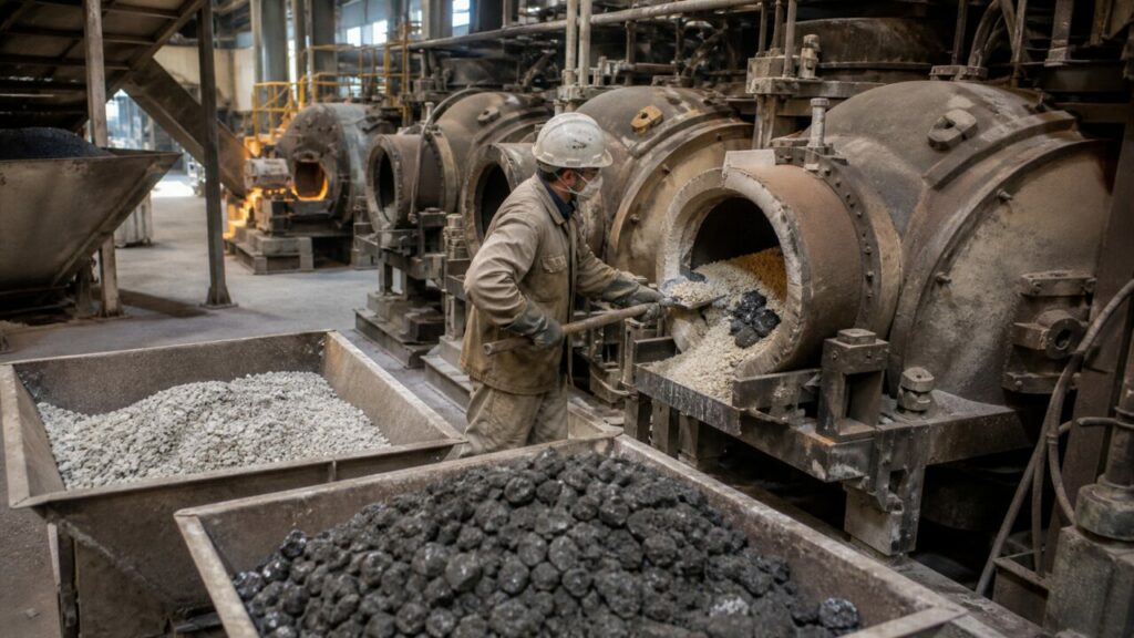 Beschickung mit kalzinierter Dolomit und Ferrosilizium