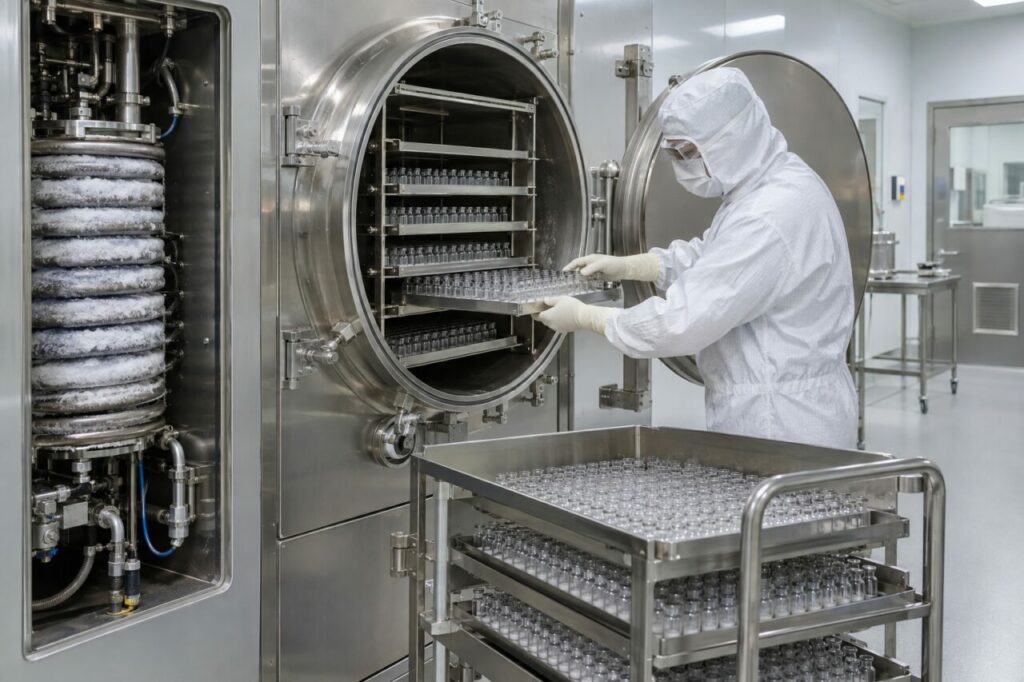 Chargement manuel de plateaux dans un lyophilisateur pharmaceutique sous vide