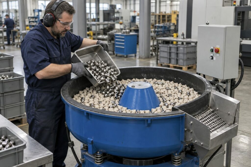Avant le cycle de tribofinition vibratoire, chargement de raccords dans la cuve
