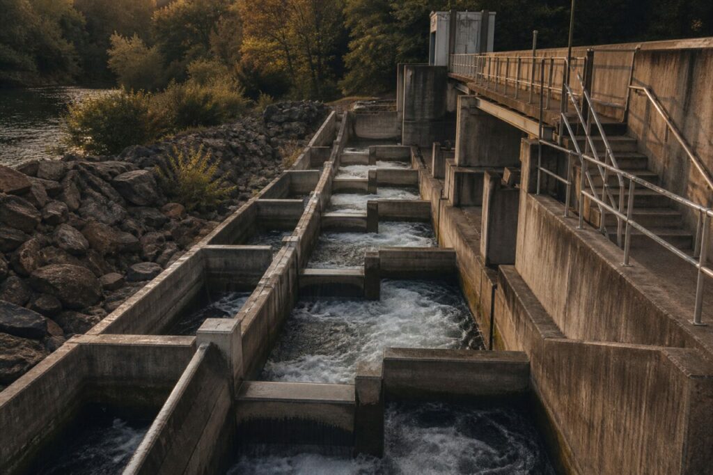 Canal para peixes sobe junto ao rio através de soleiras alternadas