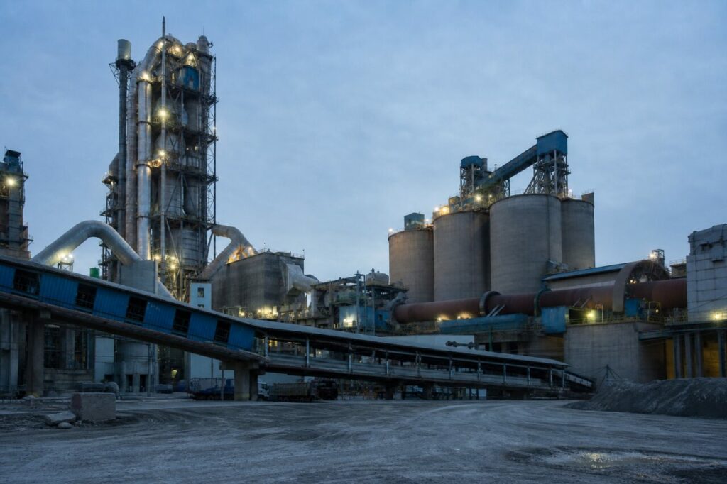 Zementwerk mit Drehrohrofen und Silos — mit hellem Ofen, Silos und Förderern zwischen den Gebäuden