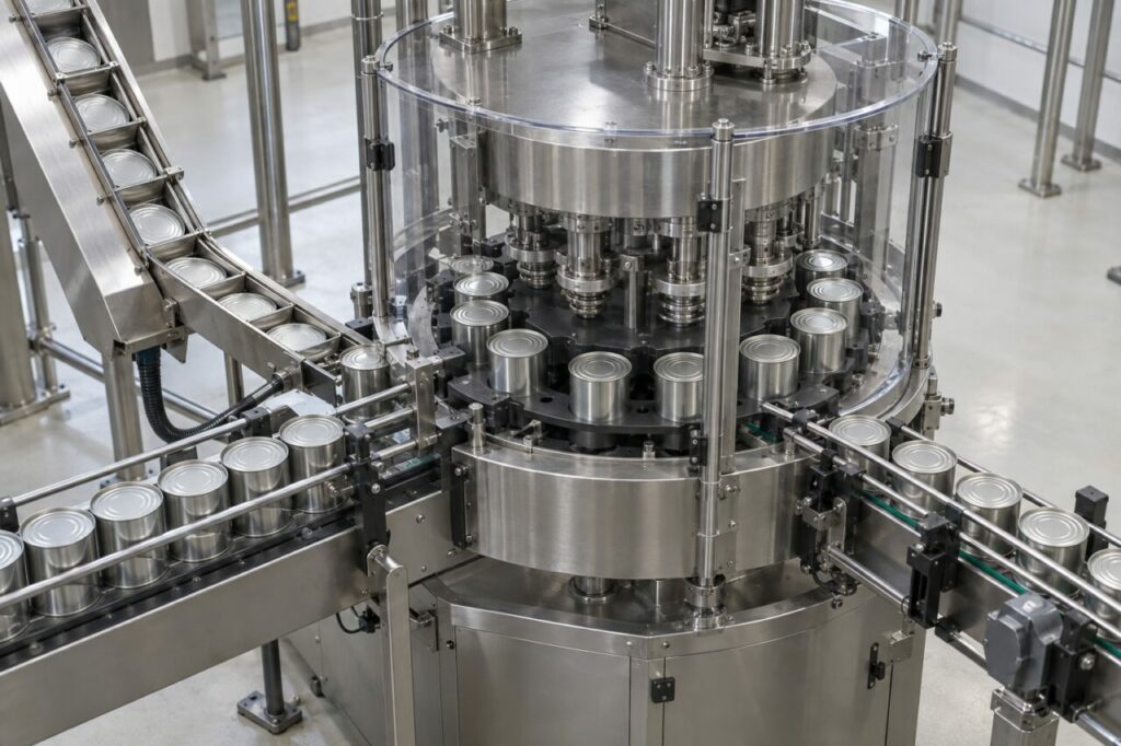 Autour de la tourelle de sertissage, les boîtes métalliques suivent un circuit circulaire