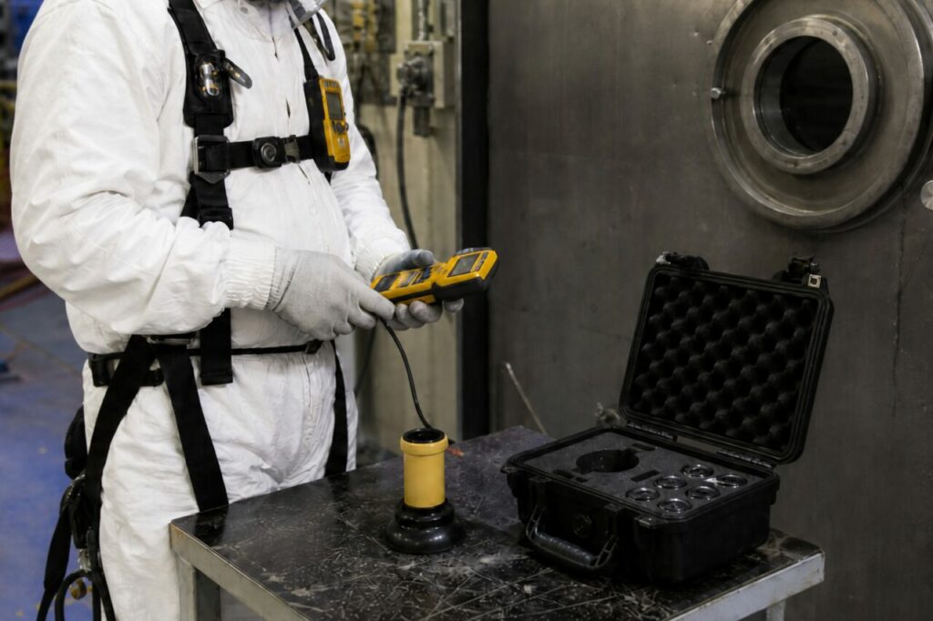 Coffret noir, radiamètre jaune et hublot blindé — Contrôle radiamétrique de sûreté en zone nucléaire