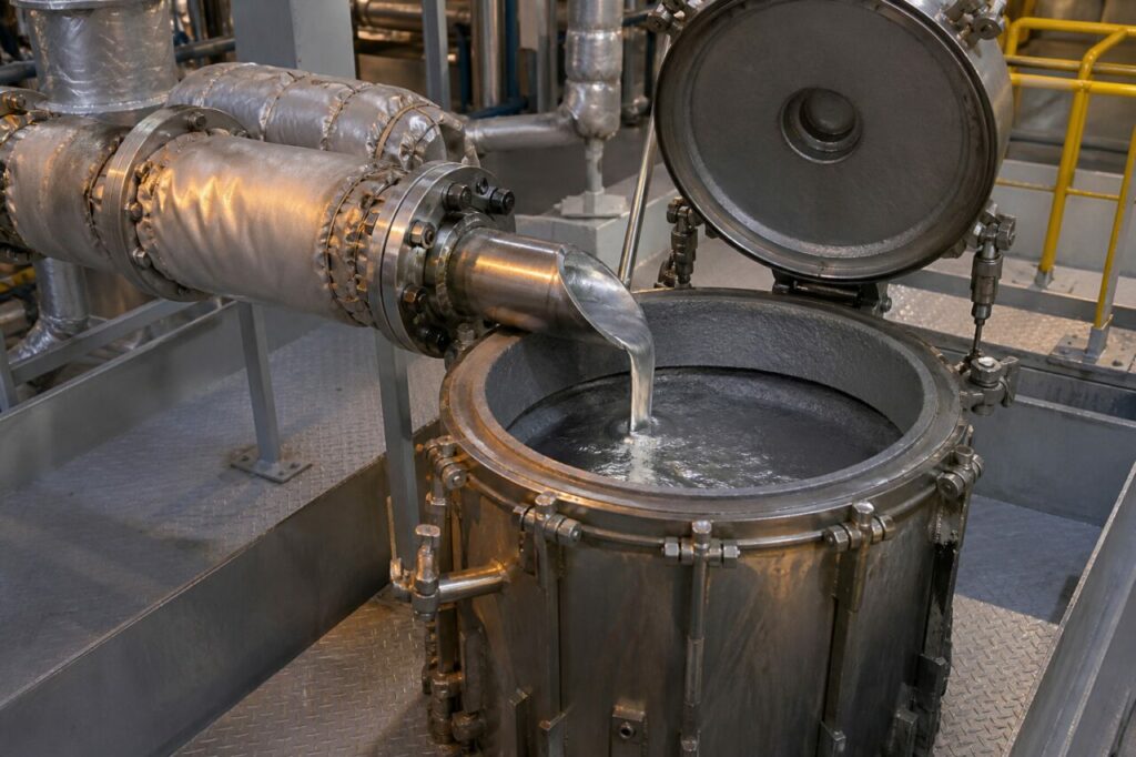 geschlossene Sammlung von flüssigem Natrium in einem Metallbehälter unter inerter Abdeckung