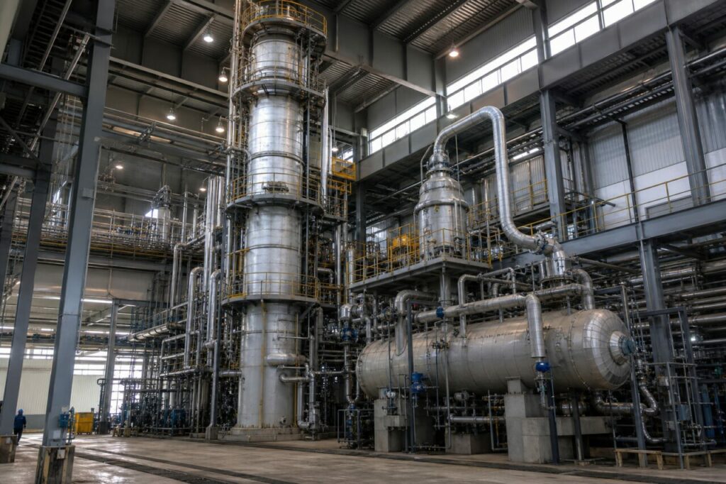 Gefractioneerde destillatiekolom in een azijnzuurfabriek
