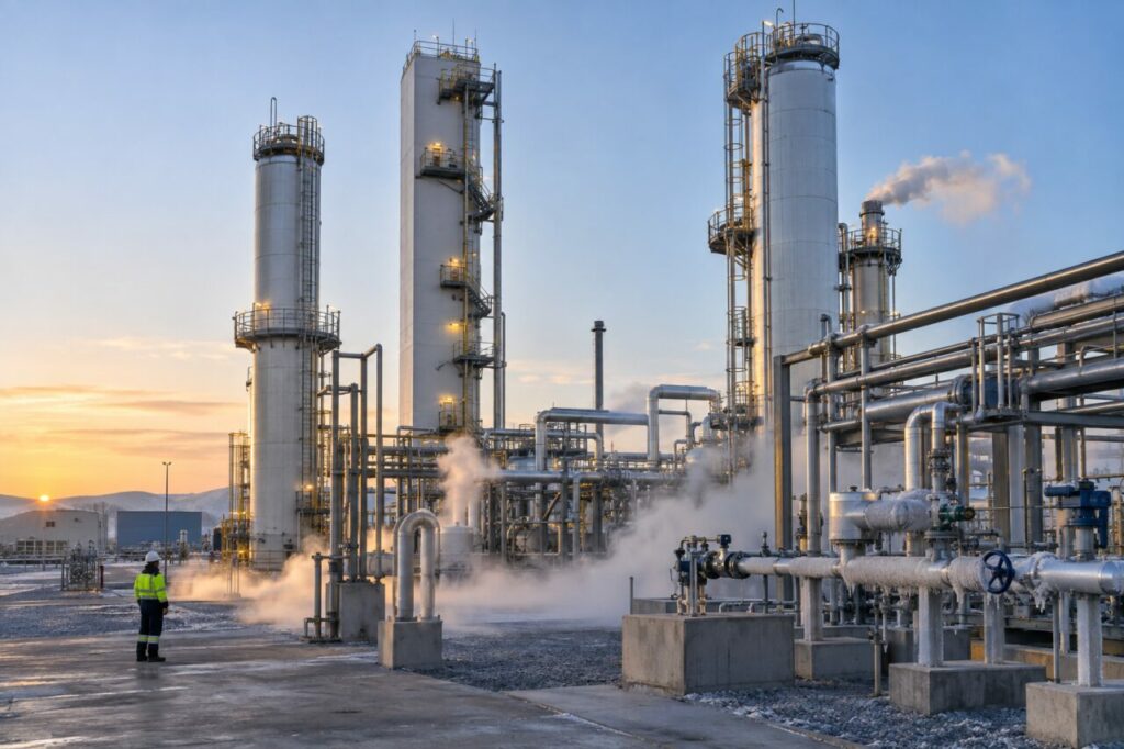 Colonnes de distillation cryogénique sous la lumière de l'aube