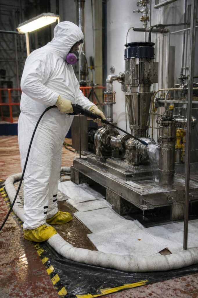 Full protective suit shields the operator washing valves on the pumping unit