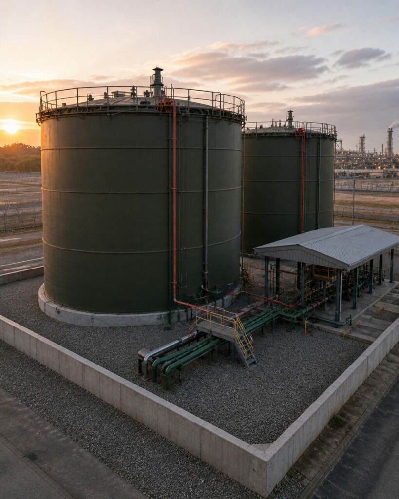 Vloeibare brandstof stroomt naar de verticale opslagtanks