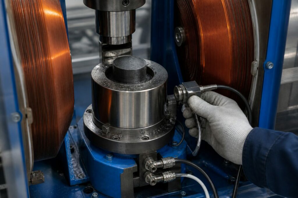 Magnetischer Grünling liegt in der zylindrischen Matrize
