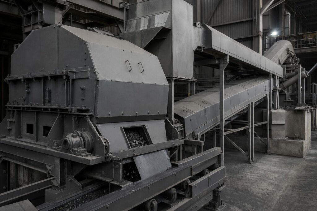Concassage et criblage du ferrochrome avec convoyeurs capotés et fragments sombres