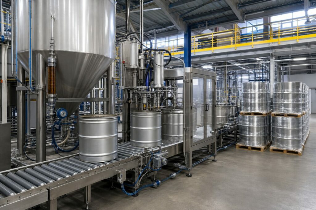 Automatisierte Abfüllung von Epoxidharz in Metallfässer