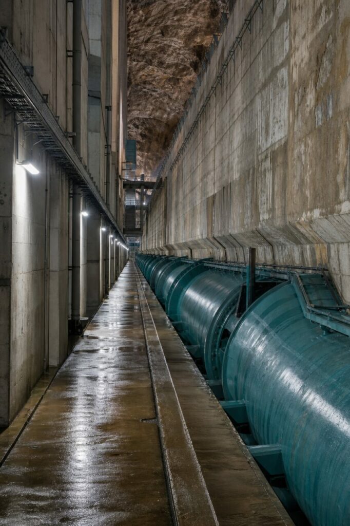 Conduites forcées bleu pétrole et passerelle mouillée — Barrage hydroélectrique et galerie d’inspection