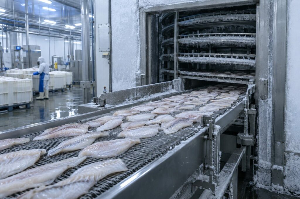 Congélation industrielle de filets de poisson en tunnel