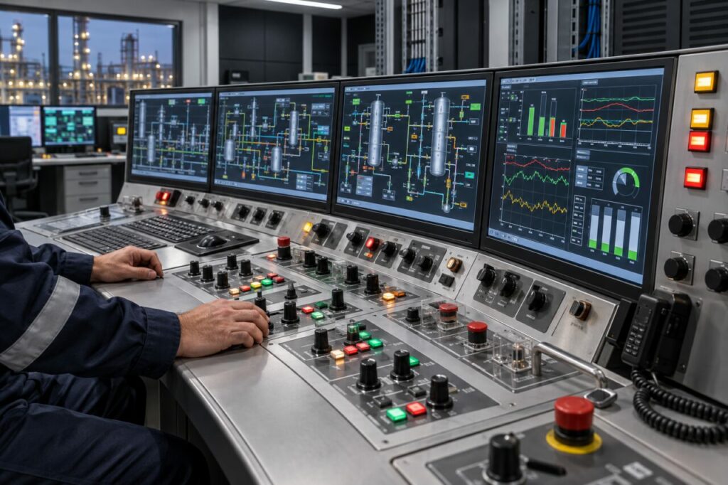 Console de raffinerie avec commandes physiques et écrans colorés