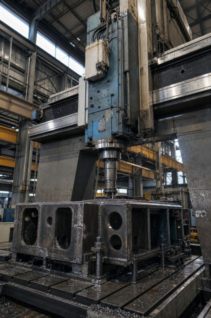Portrait low-angle view of a bridge mill spindle above a welded steel frame