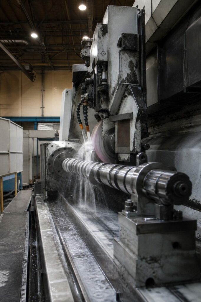 Low-angle view of camshaft grinding in a vertical machine