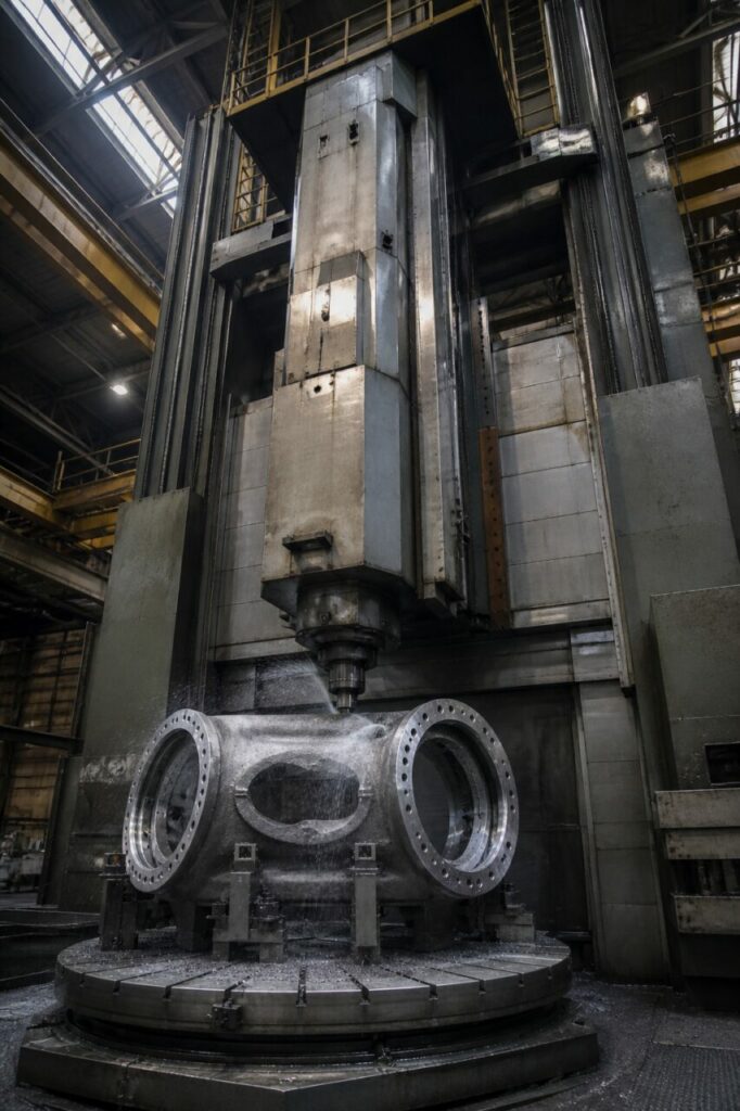 Low-angle view of a vertical frame machining a wind-turbine hub on a rotary table