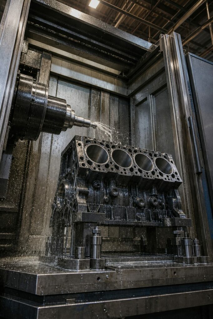 Low-angle view of a four-pallet horizontal cell and its engine block
