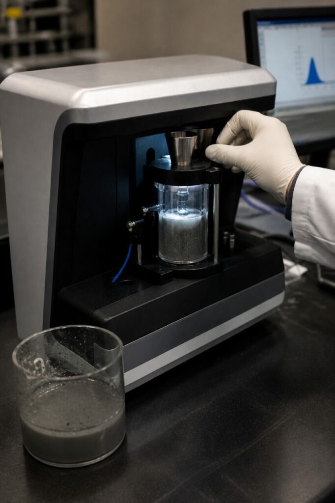 Complete laser particle-size station for a metal powder suspension