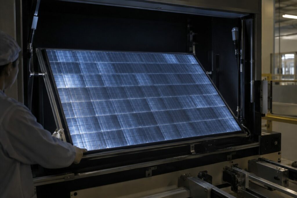 Contrôle électroluminescent de modules photovoltaïques encadrés avec connexions et armoire d’inspection