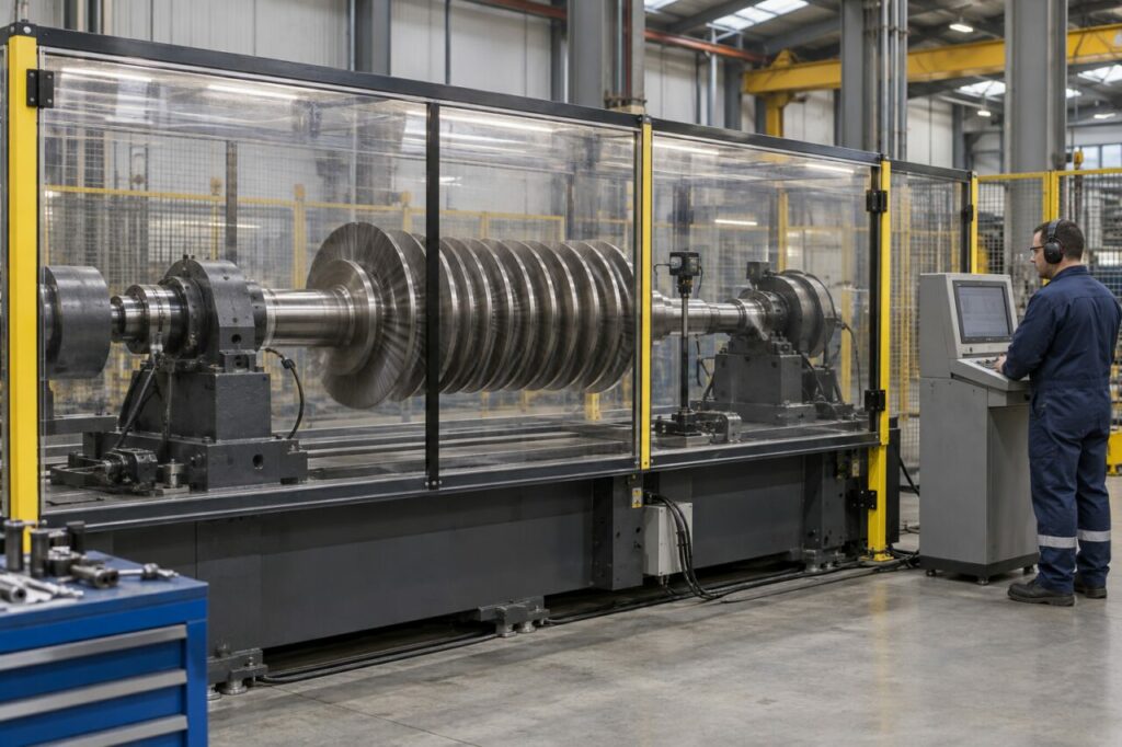 Derrière la protection fermée, contrôle final de l’équilibrage dynamique du rotor