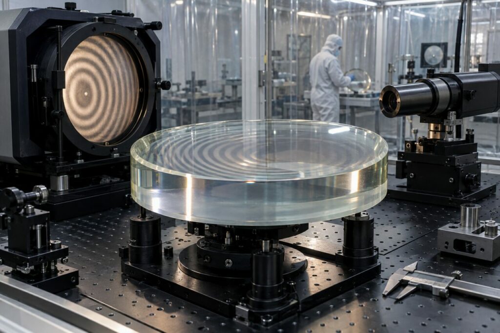 Contrôle interférométrique d’un bloc de verre optique poli sur table métrologique