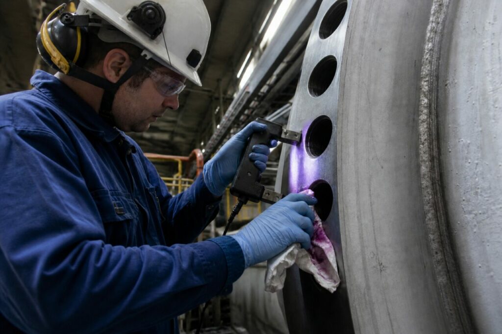 Technician testing a flange with magnetic particles