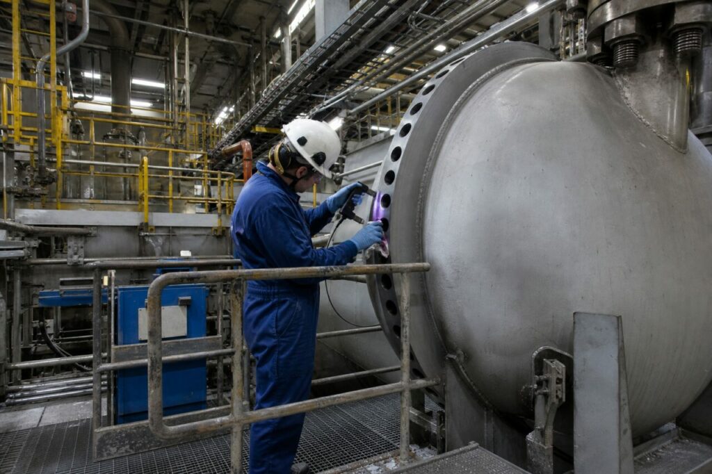 Large flange undergoing nondestructive examination