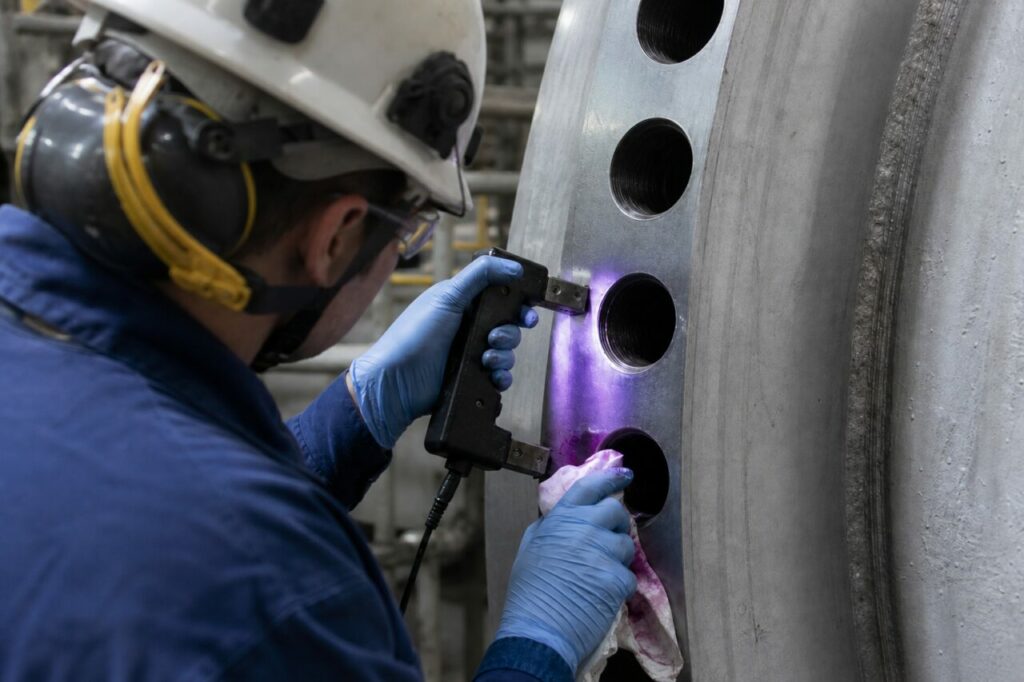 Gloves guiding the magnetic yoke across the metal