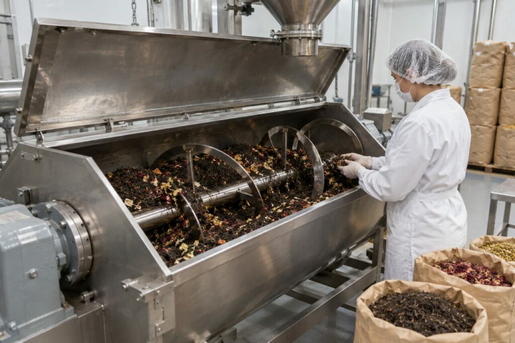 Contrôle manuel du thé noir et des plantes séchées dans la cuve inox ouverte