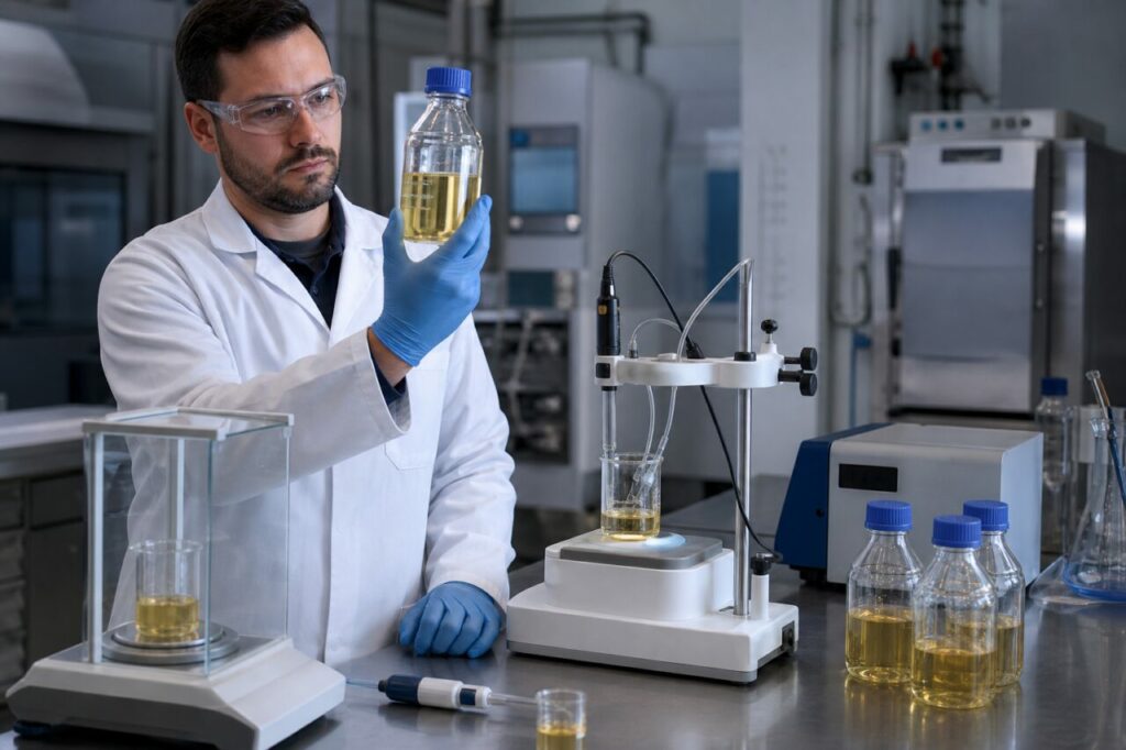 Laboratorium voor koolstofafvang — technicus, amberkleurige fles en procesmonsters