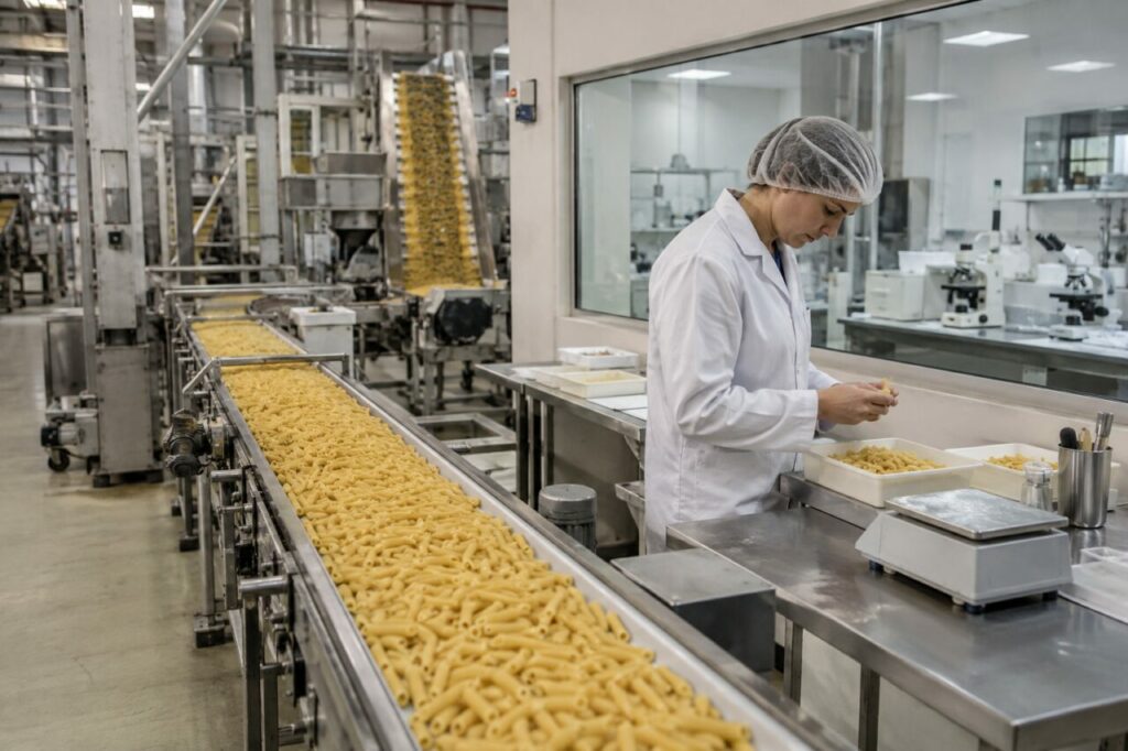 Contrôle qualité de pâtes sèches près du convoyeur inox