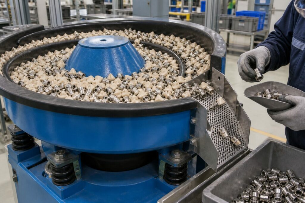 Among the ceramic media, manually checking fittings during vibratory finishing