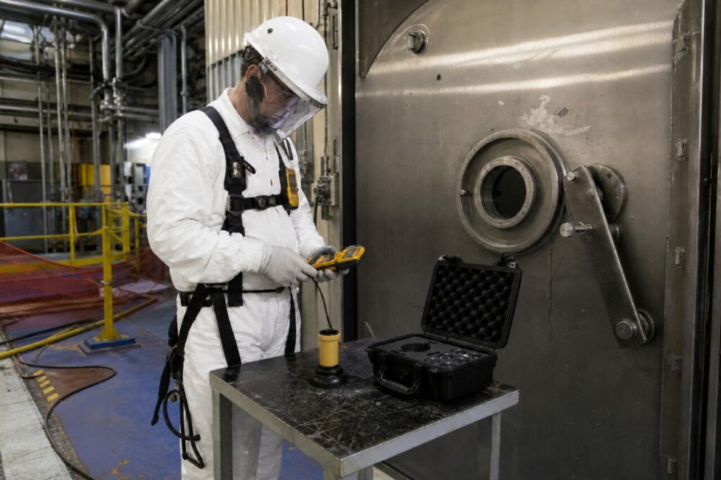 Contrôle radiamétrique de sûreté en zone nucléaire — Technicien en combinaison blanche et porte blindée