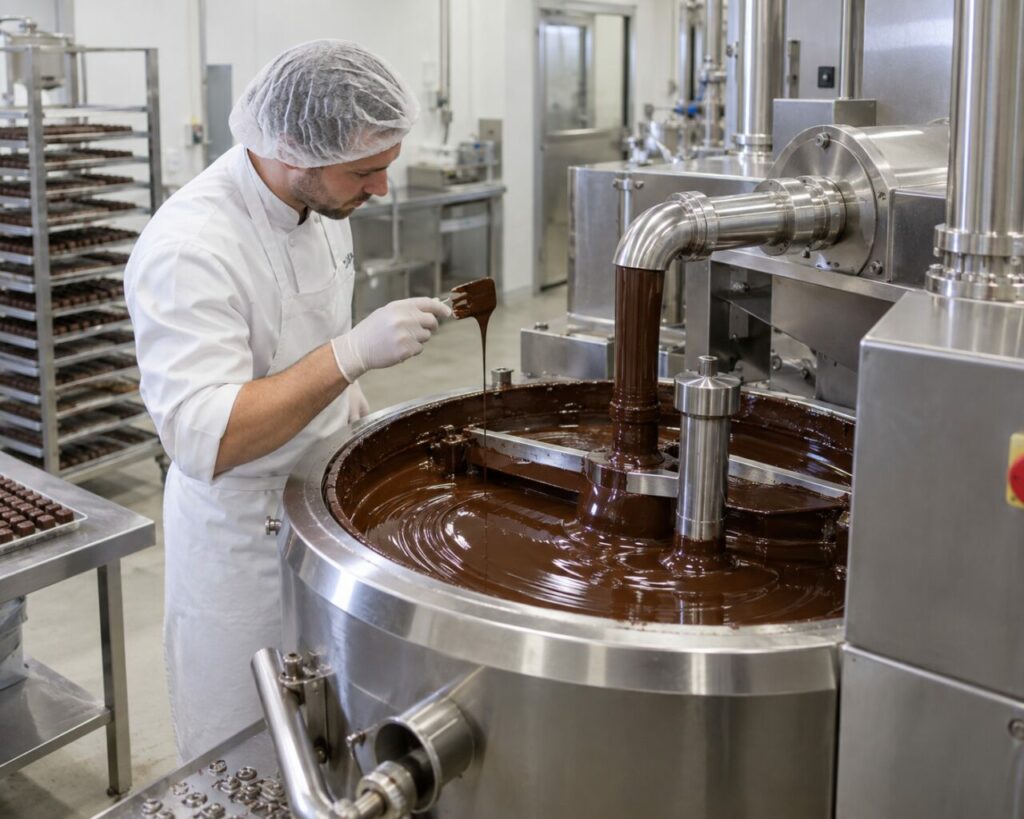 Contrôle manuel du tempérage industriel du chocolat dans une cuve circulaire inox