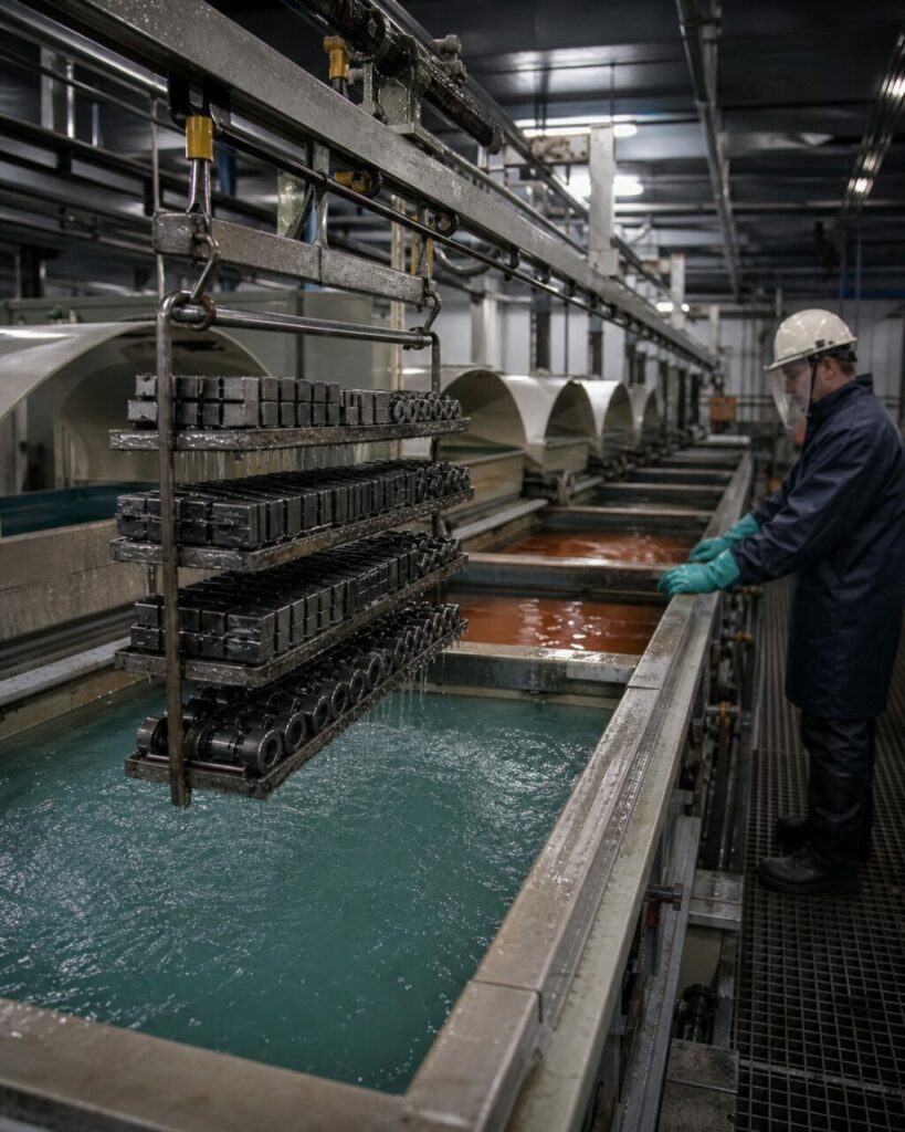 Hängebahn versetzt das beladene Gestell zwischen den Becken