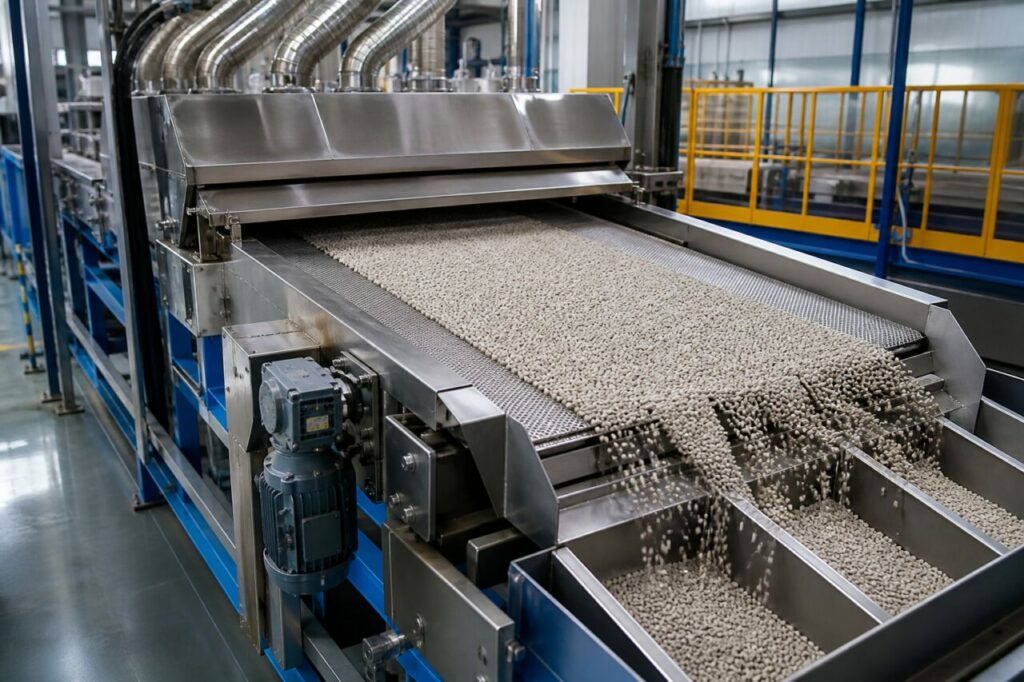 Stainless conveyor for drying and sizing zeolite molecular-sieve pellets