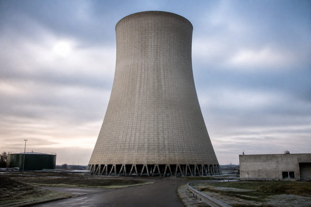 Betonnen schaal rust op kolommen rondom het koelwaterbassin