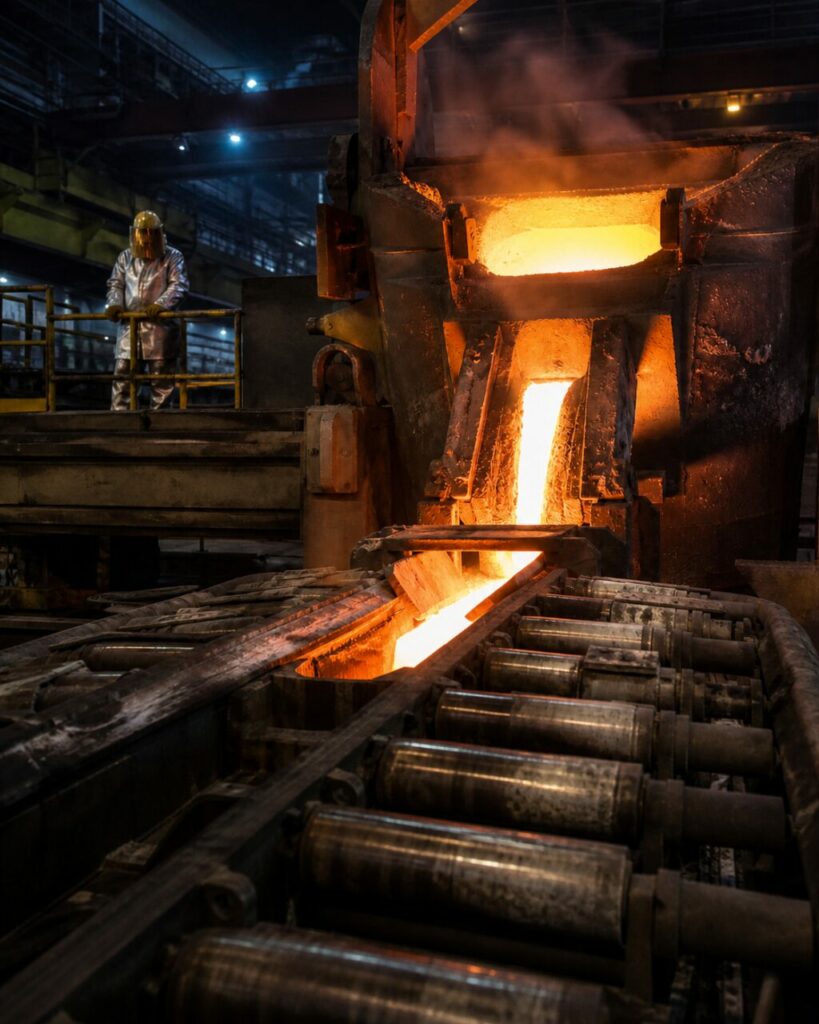 Colata di acciaio incandescente all'uscita del distributore in un'inquadratura verticale