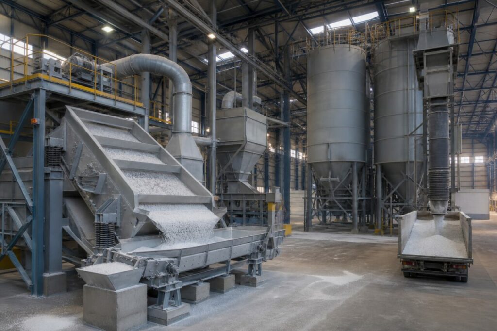 Sieben und Silolagerung von dichtem Natriumcarbonat